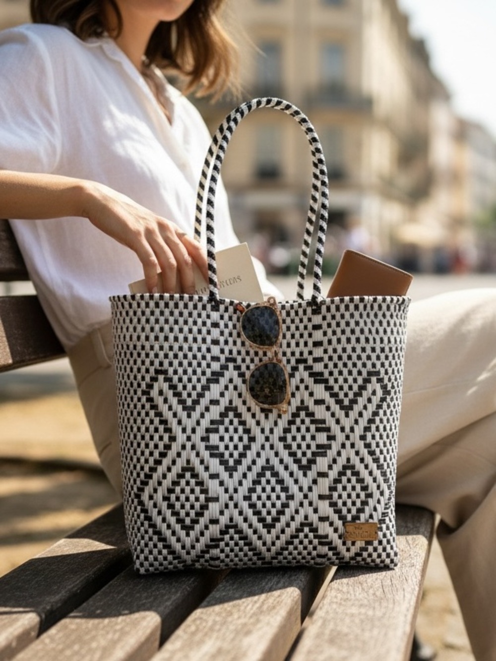 Woven Black & White Tote Bag - Stylish Patterned recycled materials new with tag